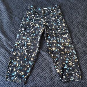 Anthropologie Black Floral Cropped Velvety Pants